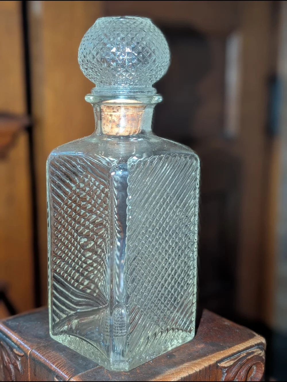 Vintage Glass Diamond Cut Pattern Decanter with Stopper